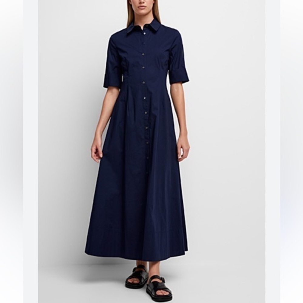New Eshakti Poplin Pleated Maxi Dress Button Front Navy Blue Size XL